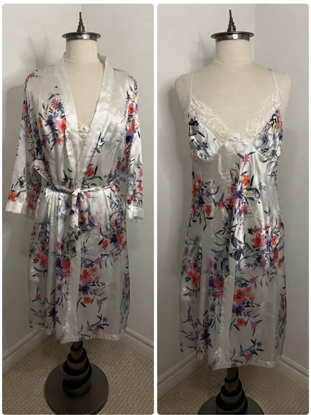 DEBENHAMS THE COLLECTION White Floral Satin Chemise & Robe Set SIZE 16-18 FLAW
